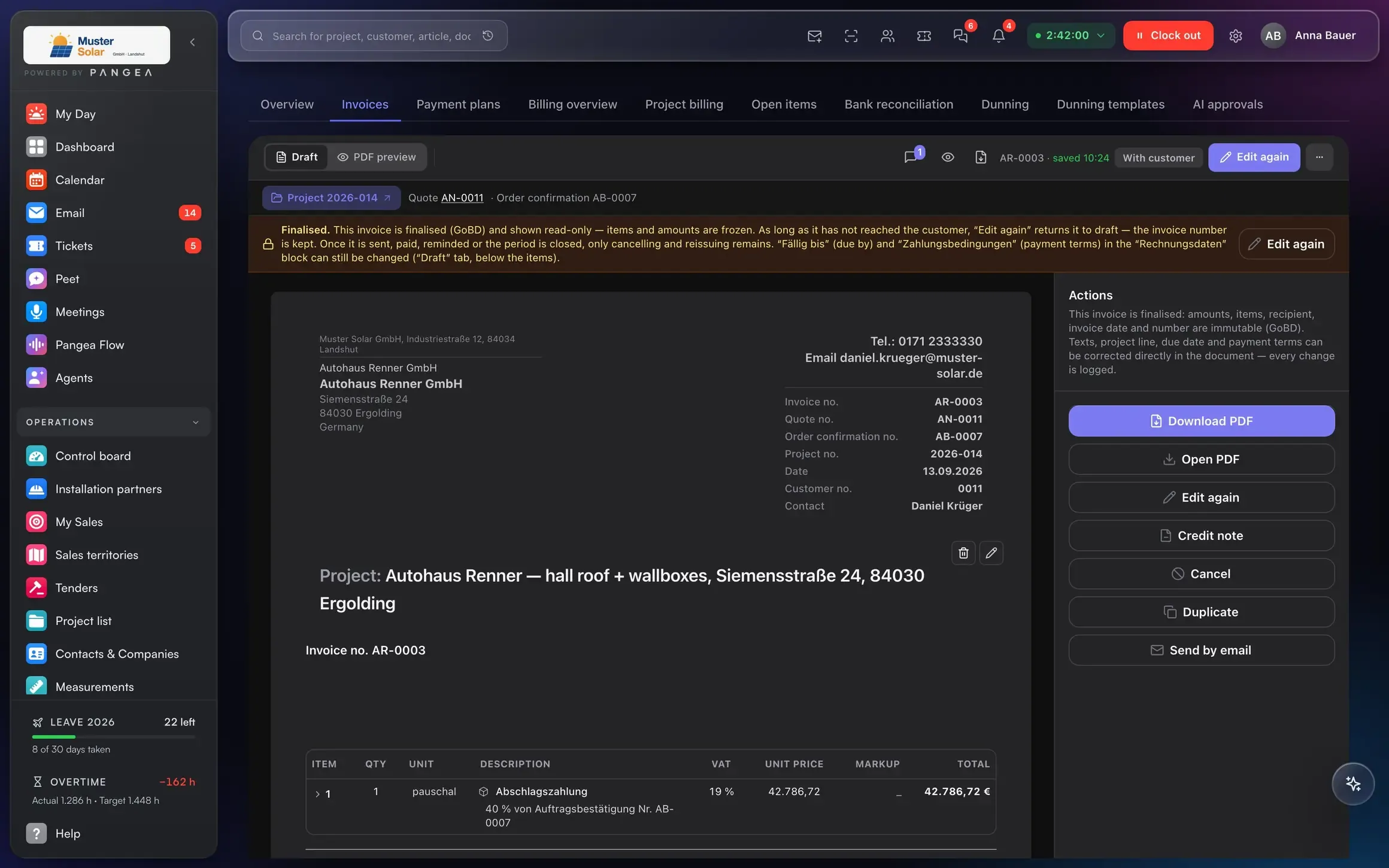 Progress and final invoices in Pangea