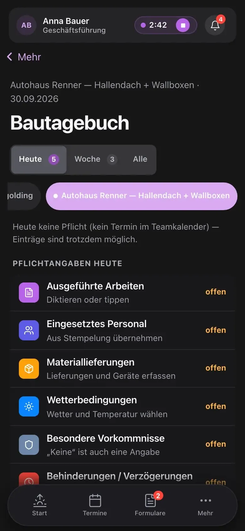Außendienst – Bautagebuch mit Arbeiten, Personal und Wetter