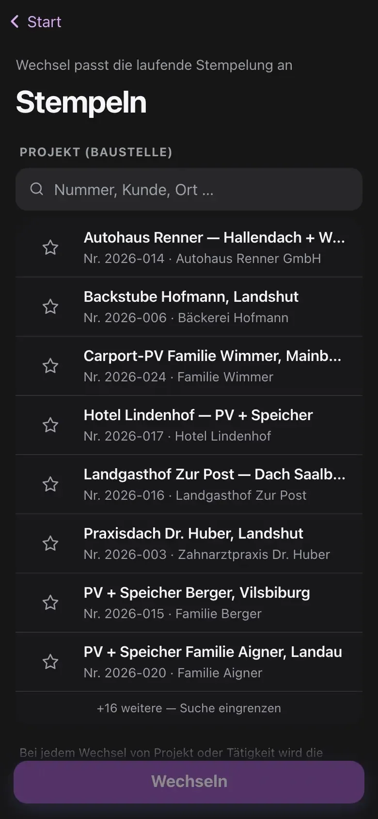 Außendienst – Stempeln mit Projekt