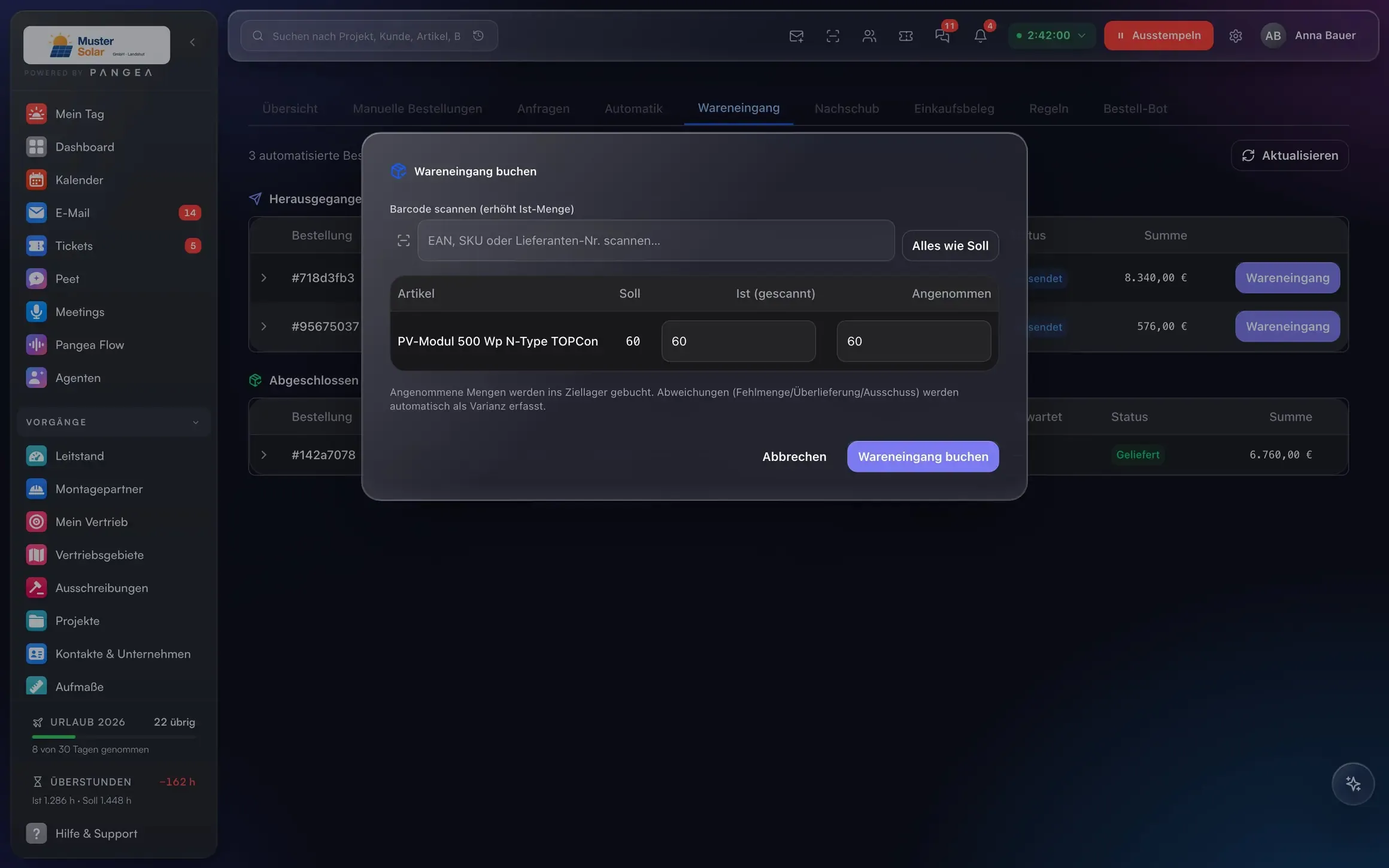 Wareneingang per Scanner in Pangea