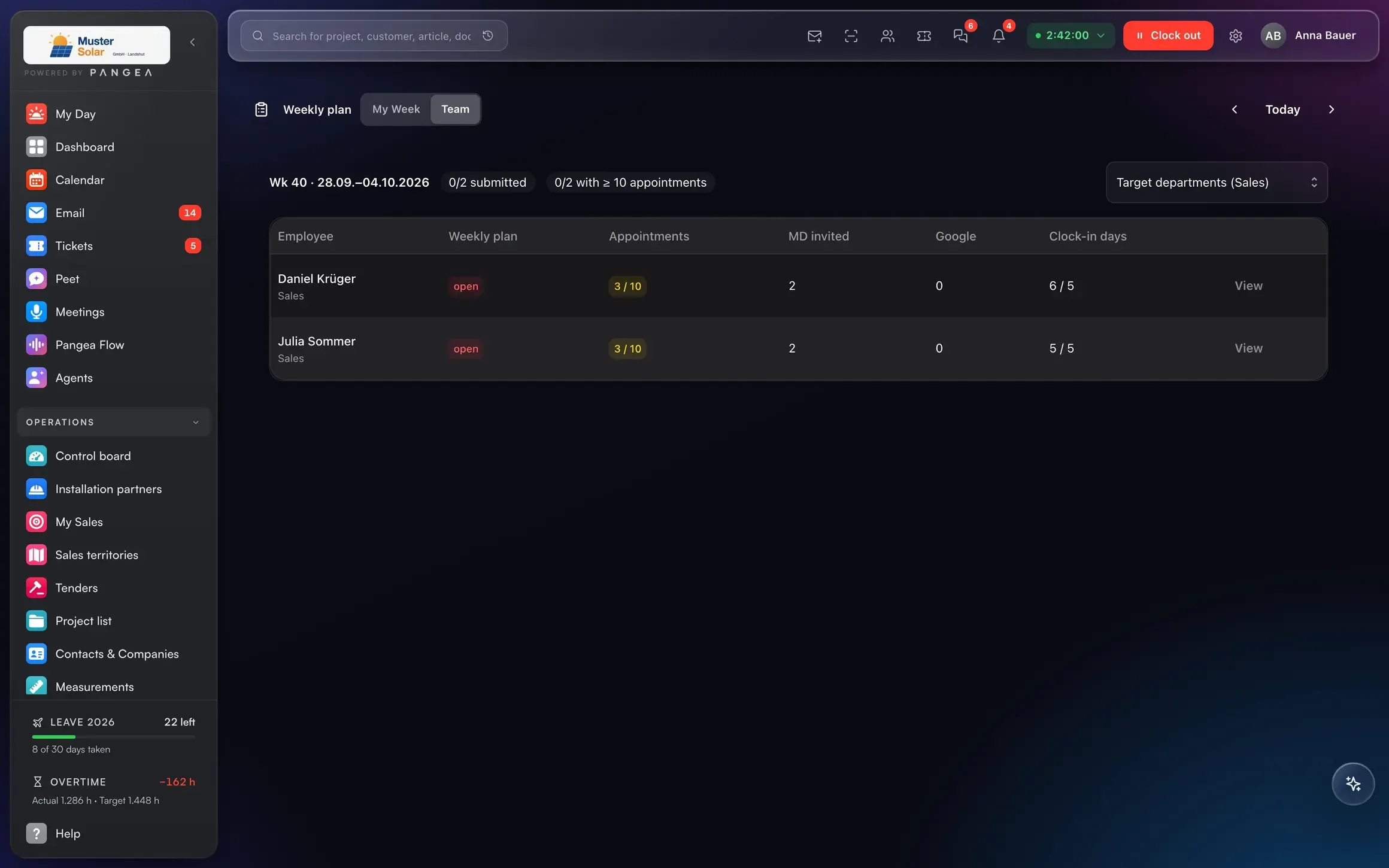 Weekly plan and calendar in Pangea